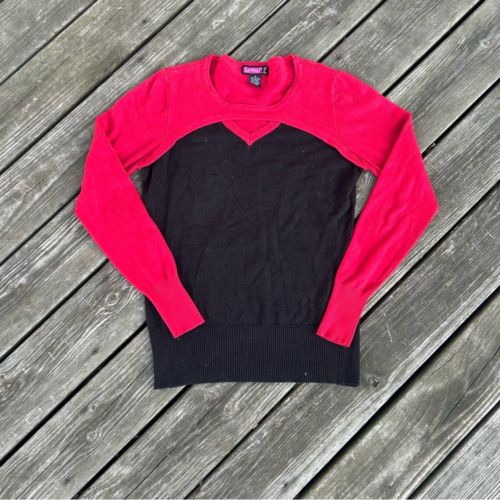 Vintage SAY WHAT? Y2K V Neck Sweater Black & Red Size L
